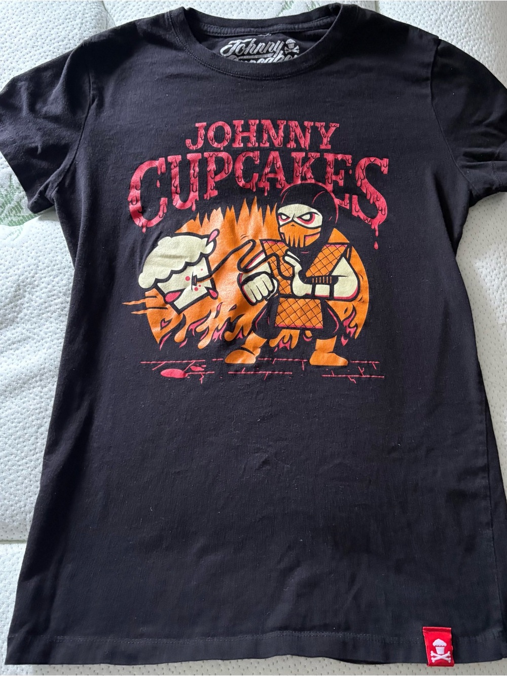 Johnny Cupcakes Black Tee with Red & Orange Drip Logo